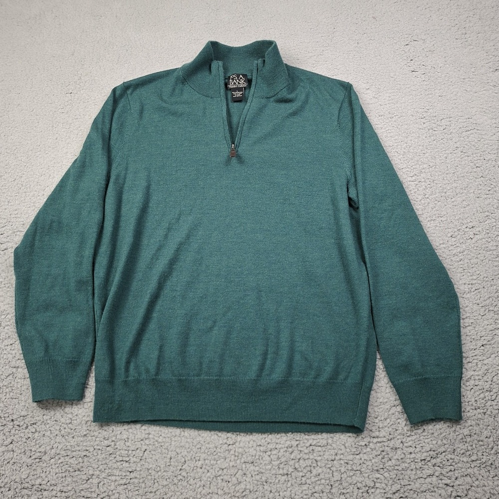Jos A Bank Quarter Zip Mens L Masters Green Lightweight Merino Wool Sweater
